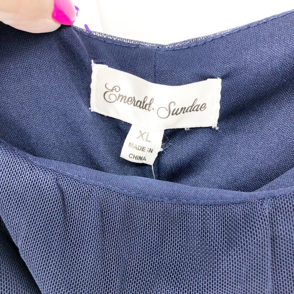 EMERALD SUNDAE JUNIORS Gathered Mini Dress XL Navy Blue Bodycon Ruched NWT - Picture 7 of 9